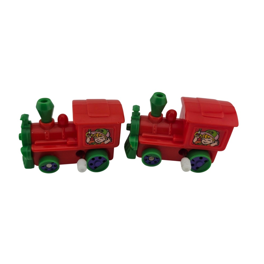 Vintage Wind Up Train Engine Toy Set 2pc Red Green GOOD Miniature Playroom Decor